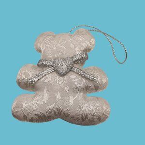 White Brocade Valentine Ornament Teddy Bear Heart Baby Shower